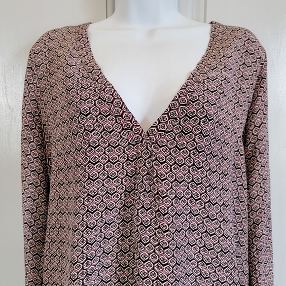 Joie 100% Silk Mauve Black Cream Printed V Neck Long Sleeve Blouse Luxury Small - Picture 2 of 13